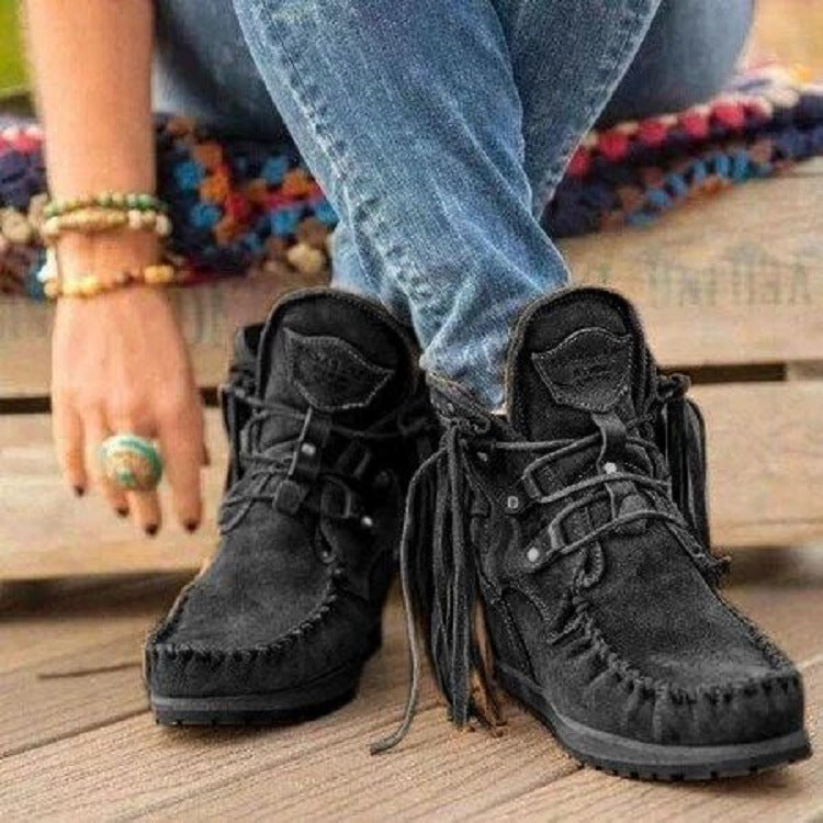 Damen Stiefel Mokassin Fransen Modisch Schwarz