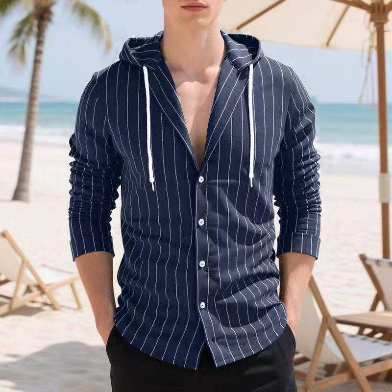 Herren Strickhemd Kapuze Streifenmuster Casual