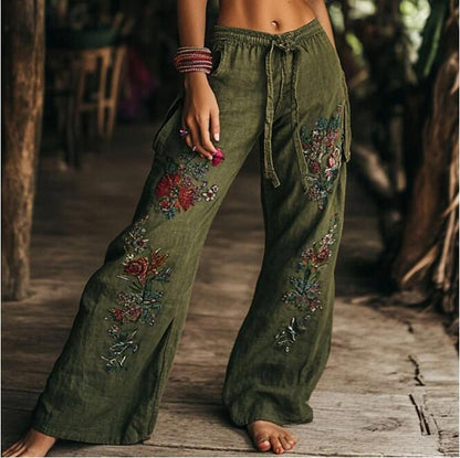 Damen Leinenhose Weit Bequem Blumenmuster Sommer - BerlinGlamour