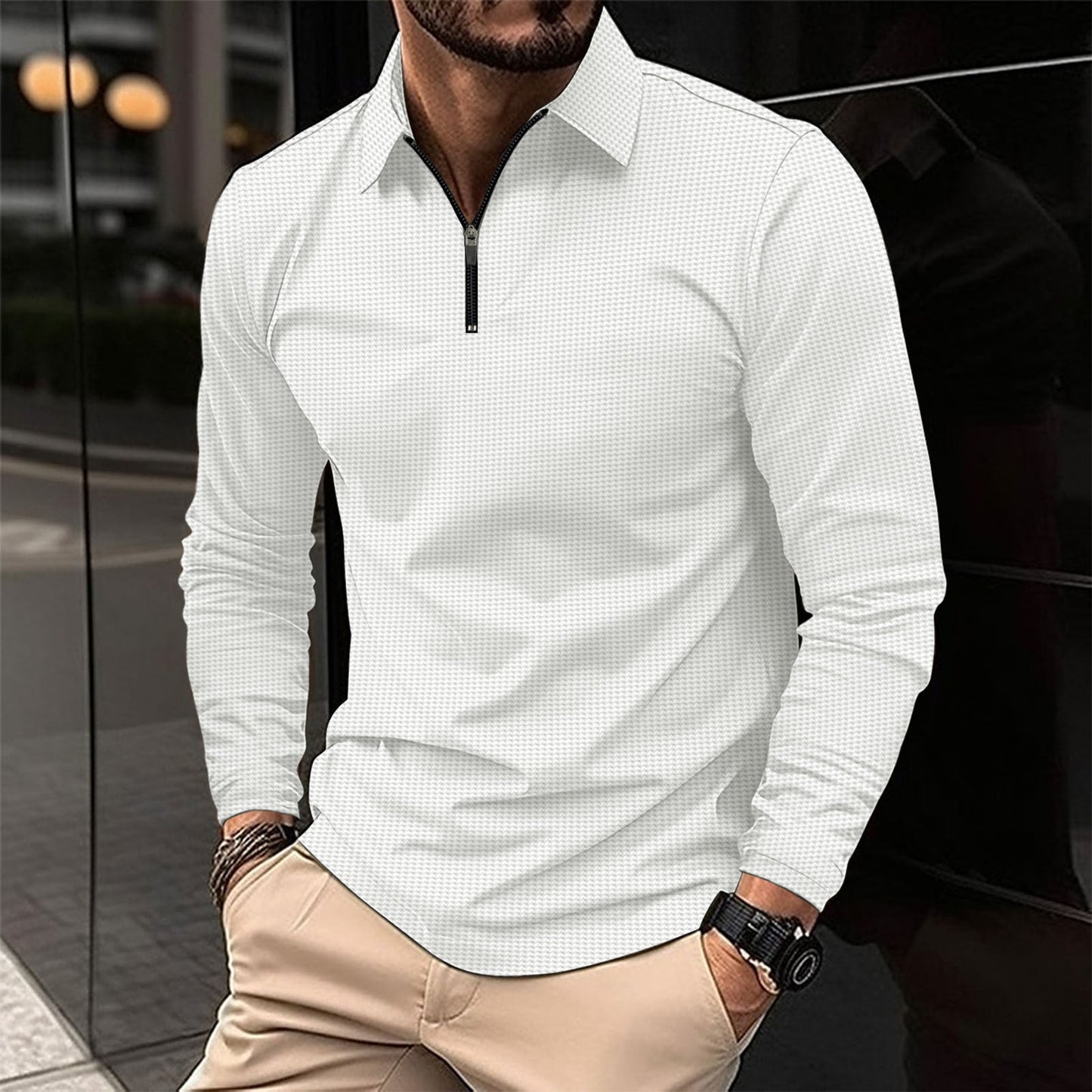 Herren Langarmshirt Elegant Reißverschluss Strukturiert Modern