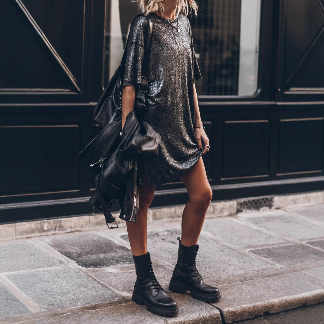 Damenkleid Glitzer Lässig Oversized mit Seitenschlitz