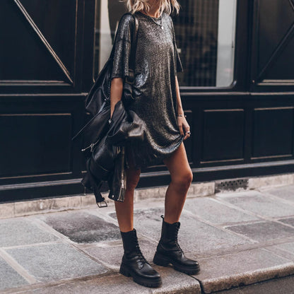 Damenkleid Glitzer Lässig Oversized mit Seitenschlitz