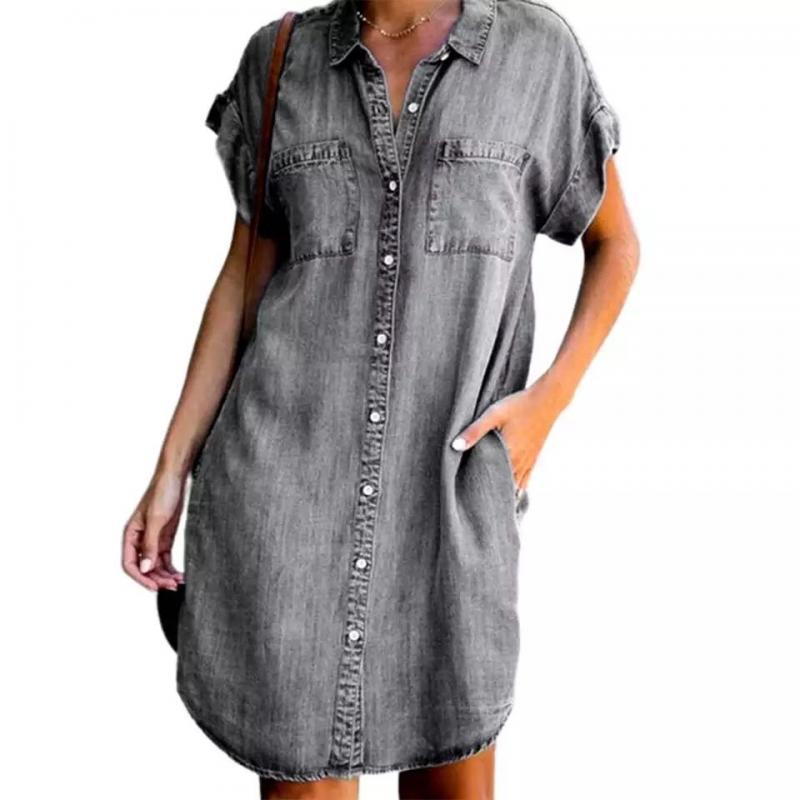 Damen Jeanskleid mit Taschen und Knöpfen Modern