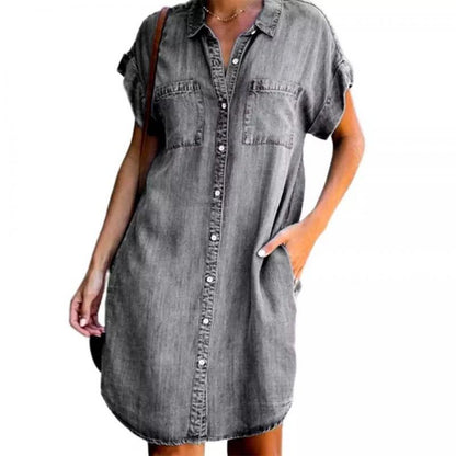Damen Jeanskleid mit Taschen und Knöpfen Modern