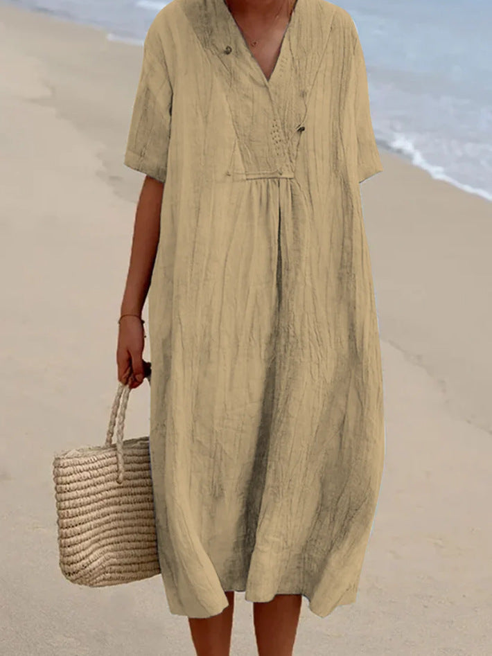 Damen Midi-Kleid Bequem V-Ausschnitt Kurzärmlig Sommerkleid