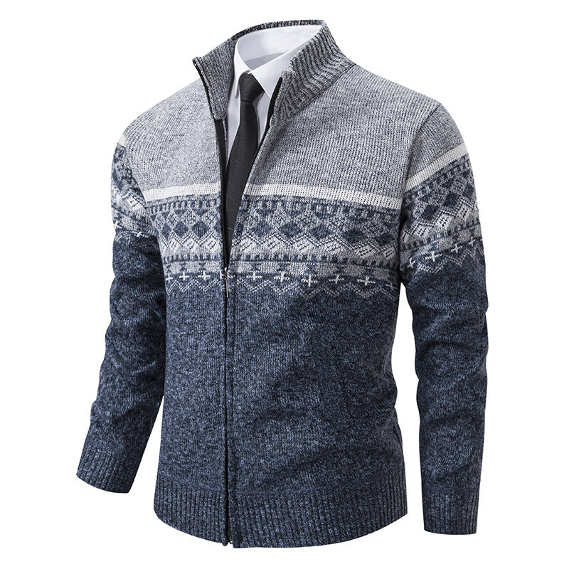 Herren Strickjacke Stehkragen Norweger Muster Warm