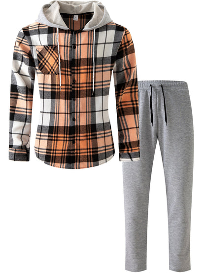 Herren Flanell-Hemd Set mit Jogginghose Kapuze Bequem