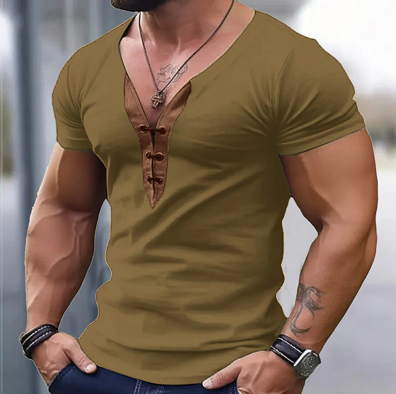 Herren Kurzarmshirt Modern V-Ausschnitt Knopfdesign