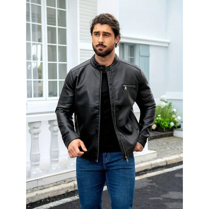 Herren Lederjacke Modern Kragen Schwarz Kunstleder