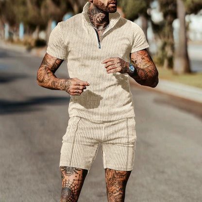 Herren Jumpsuit Kurzarm Modern Gestreift Reißverschluss