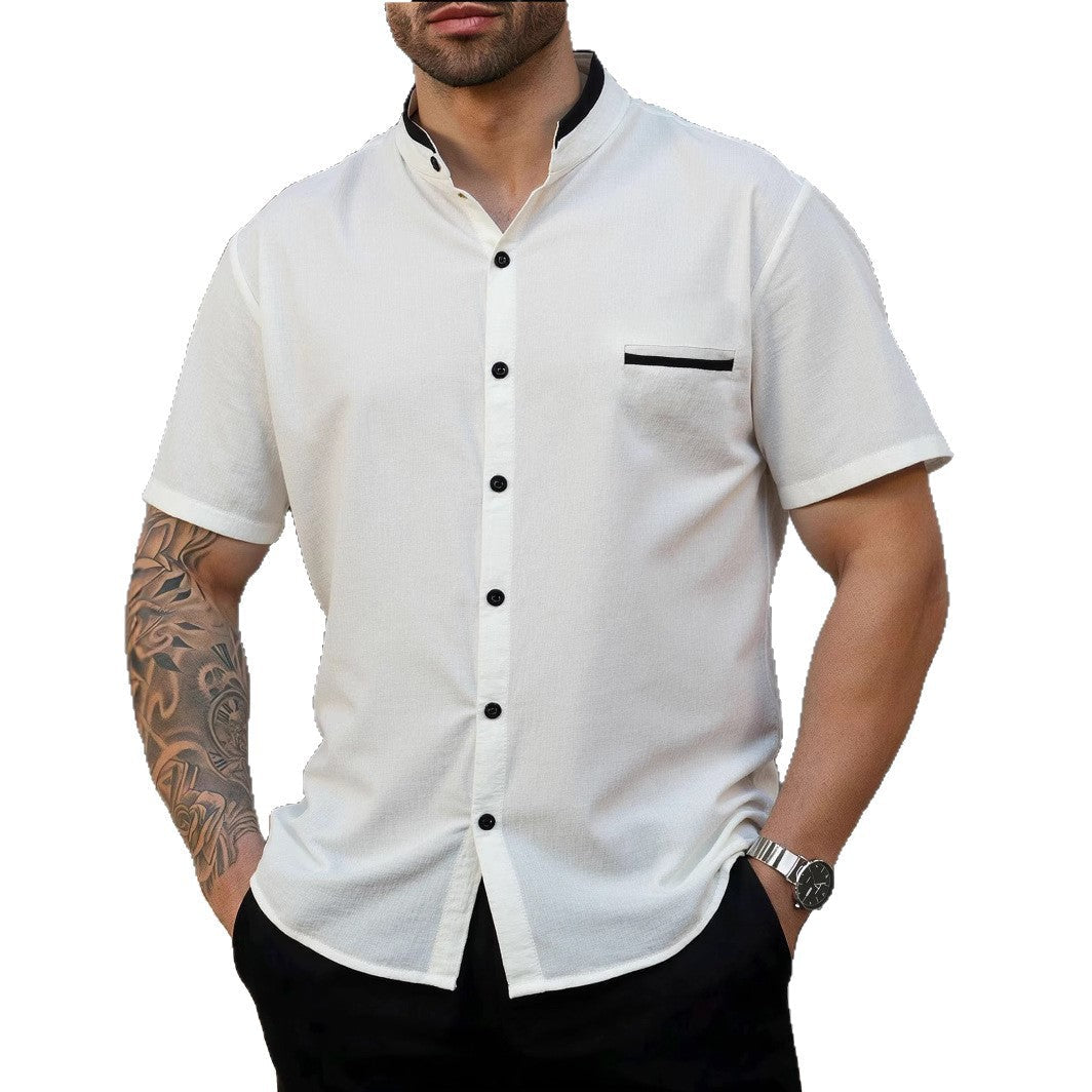 Herren Kurzarmhemd Modern Stehkragen mit Brusttasche