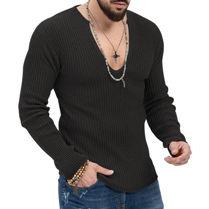 Herren Langarmshirt Strukturiert V-Ausschnitt Rippdesign Modern