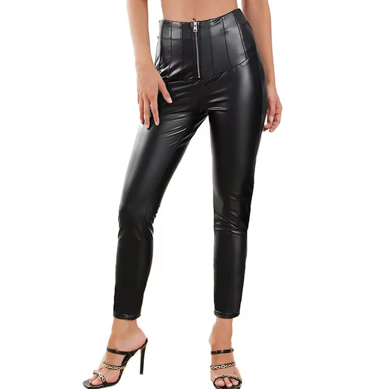 Damen Kunstlederhose Stretch Reißverschluss Schwarz - BerlinGlamour