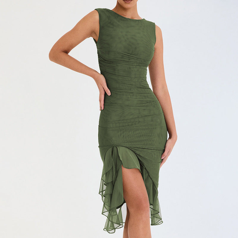 Elegantes Damenkleid Figurbetont Asymmetrisch Rüschenkleid
