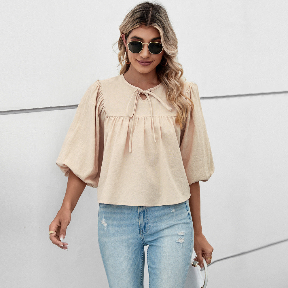 Damen Bluse Elegante Puffärmel Kordelzug Chic - BerlinGlamour