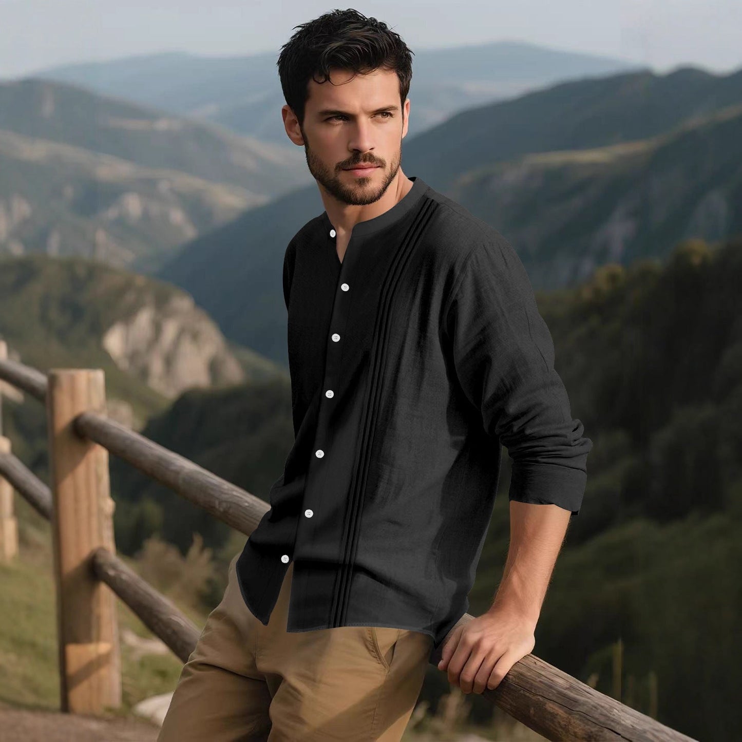 Herren Hemd Langarm Stehkragen Modern Elegant