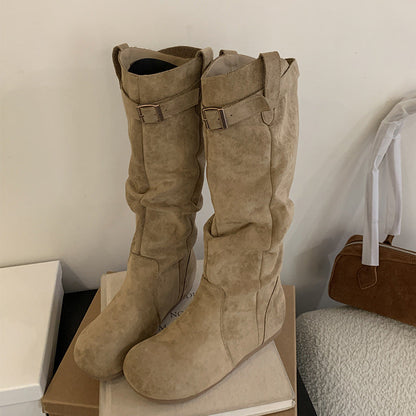 Damen Stiefel Langschaft Elegant Schnalle Schwarz