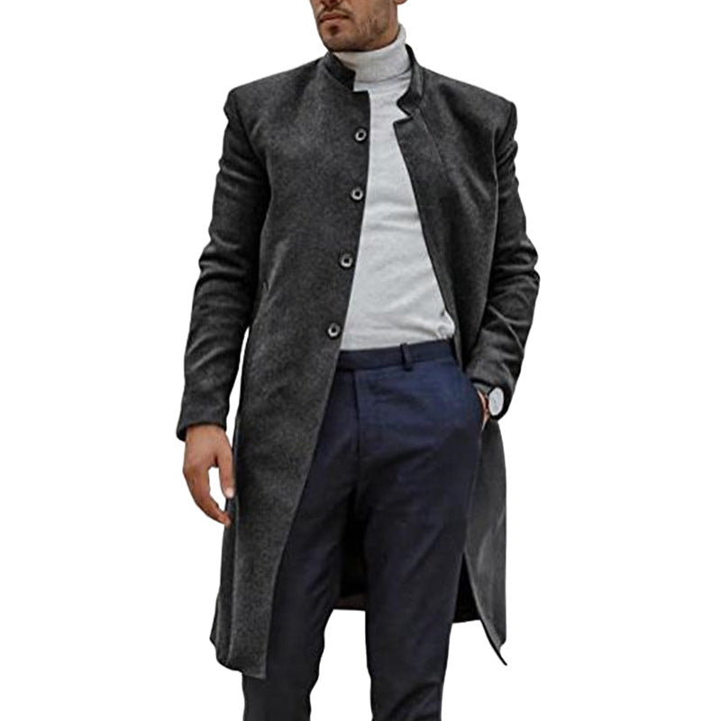 Herren Trenchcoat Elegant Lang Mantel Wolle Schwarz