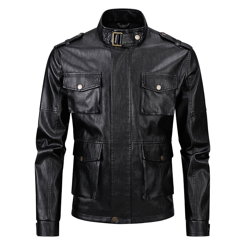 Herren Lederjacke Militärstyle mit Taschen und Hochkragen