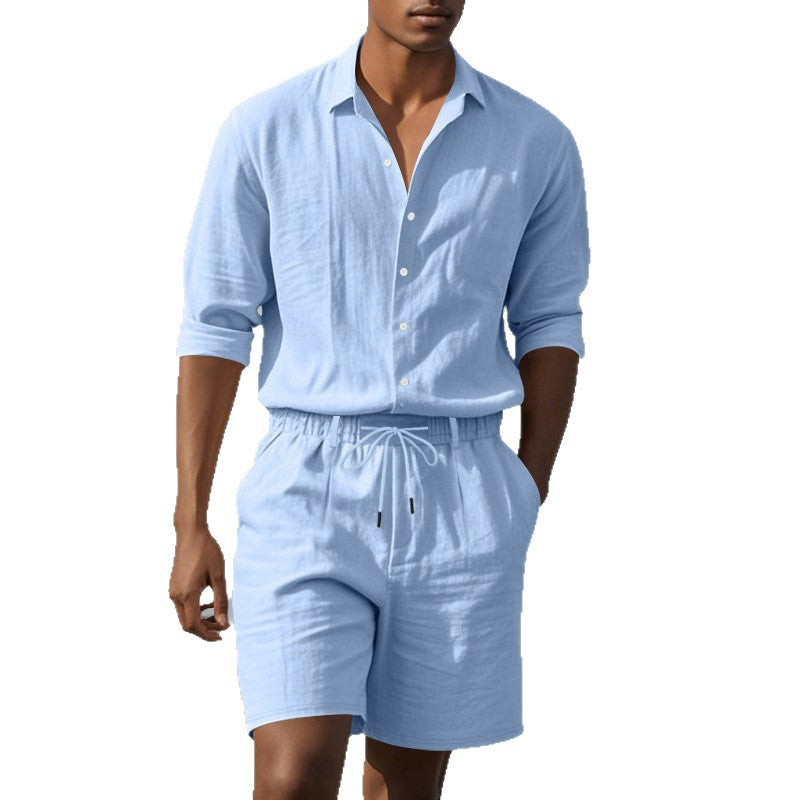 Herren Leinenhemd mit Henley Kragen und Brusttasche Sommer