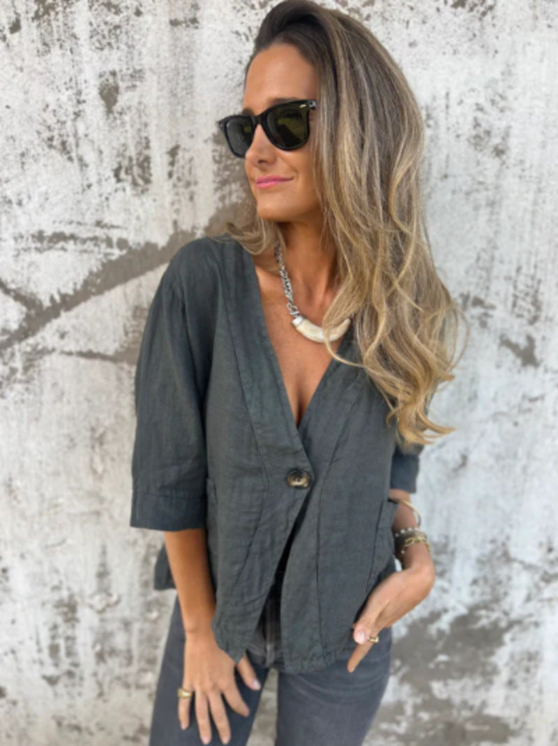 Damen Leinenblazer Kurzarm Leicht Modern