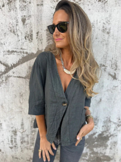 Damen Leinenblazer Kurzarm Leicht Modern
