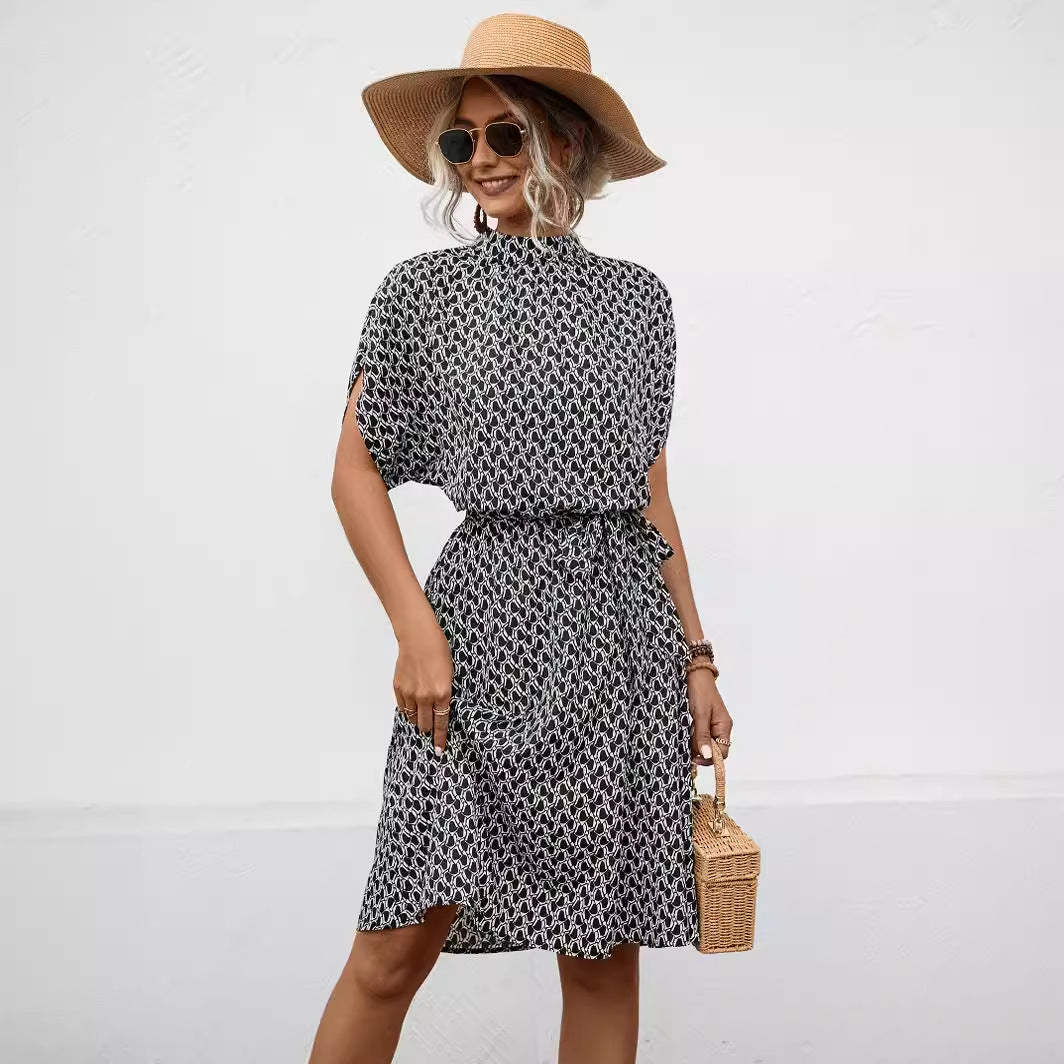 Damen Kleid Bogenmuster Hochkragen Mit Gürtel Elegant - BerlinGlamour