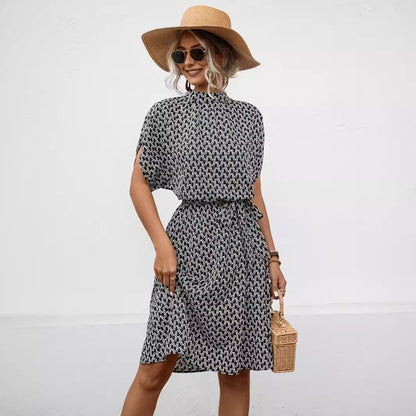 Damen Kleid Bogenmuster Hochkragen Mit Gürtel Elegant - BerlinGlamour