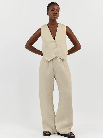 Elegantes Leinen-Set mit Weste und Weitbein-Hose Damen