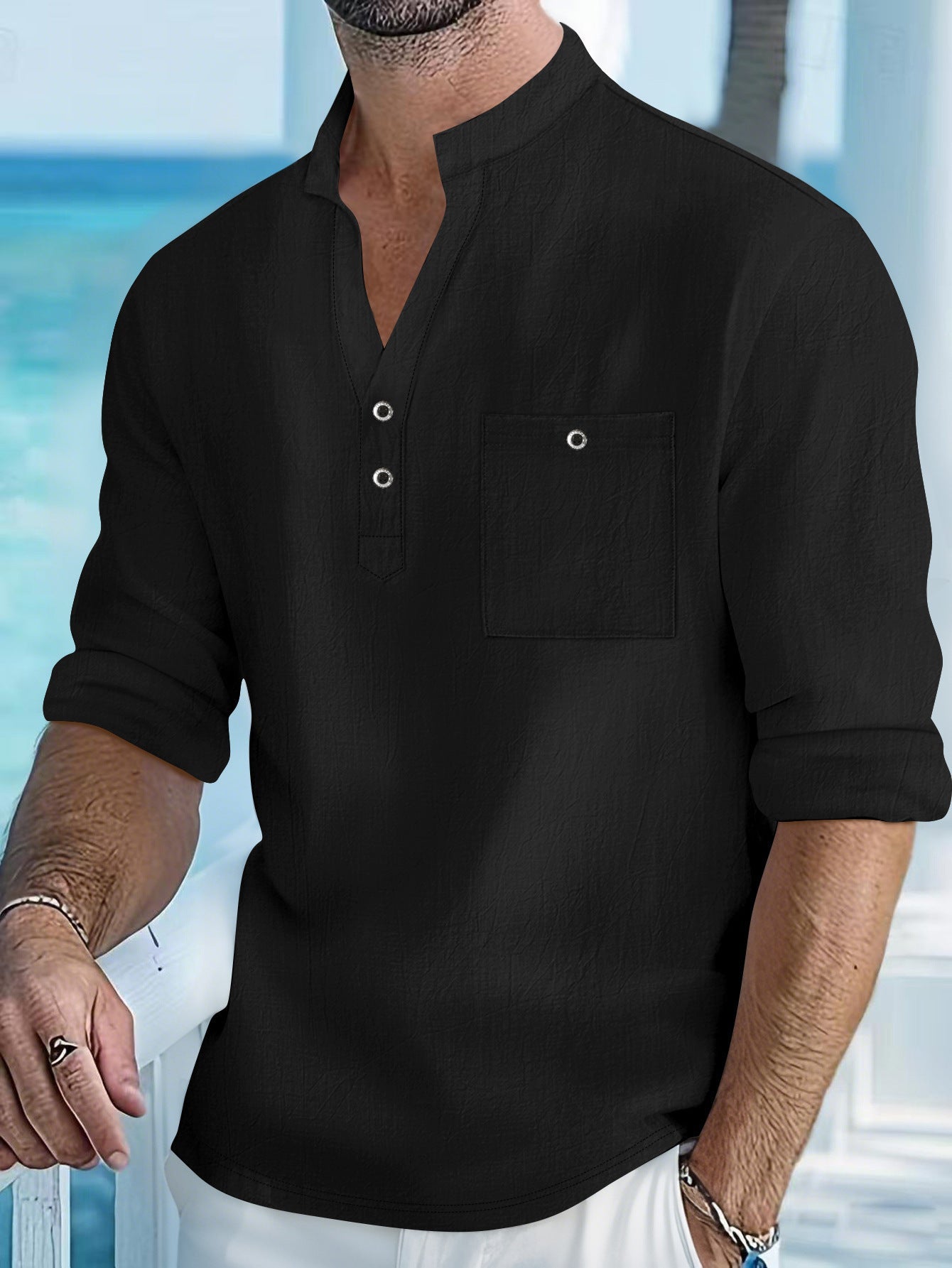 Herren Henley-Shirt Lässig Knopfleiste Brusttasche Modern