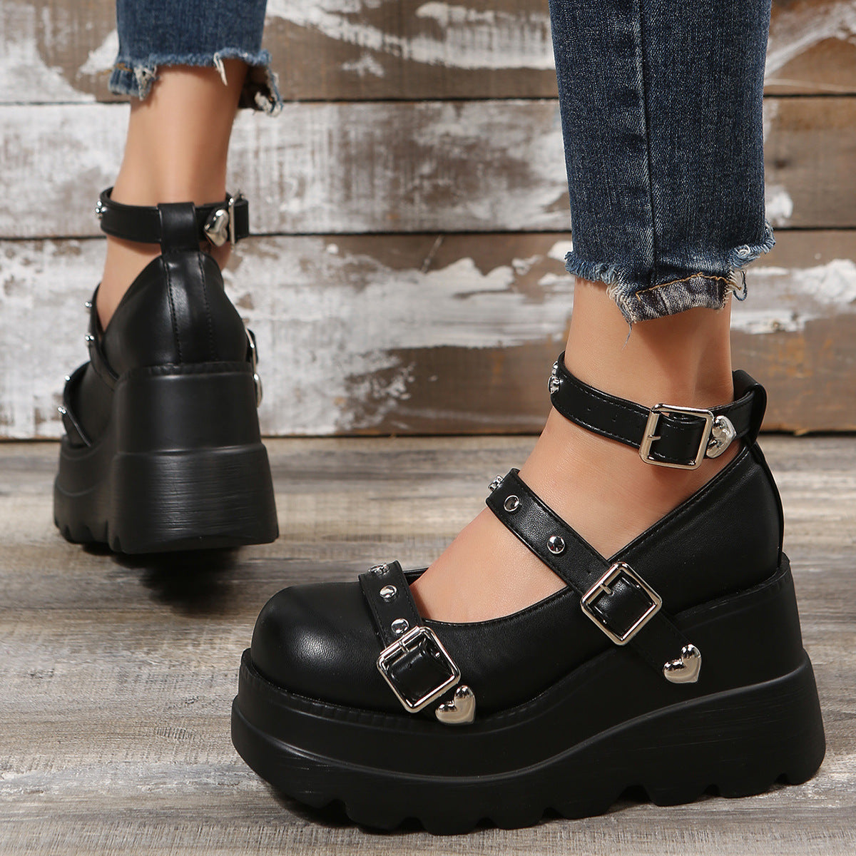 Damen Plateau Pantoletten Modisch Schnalle Nieten Damenschuhe