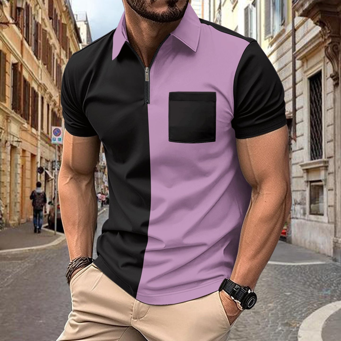 Herren Polohemd Modern Zip Kragen mit Brusttasche