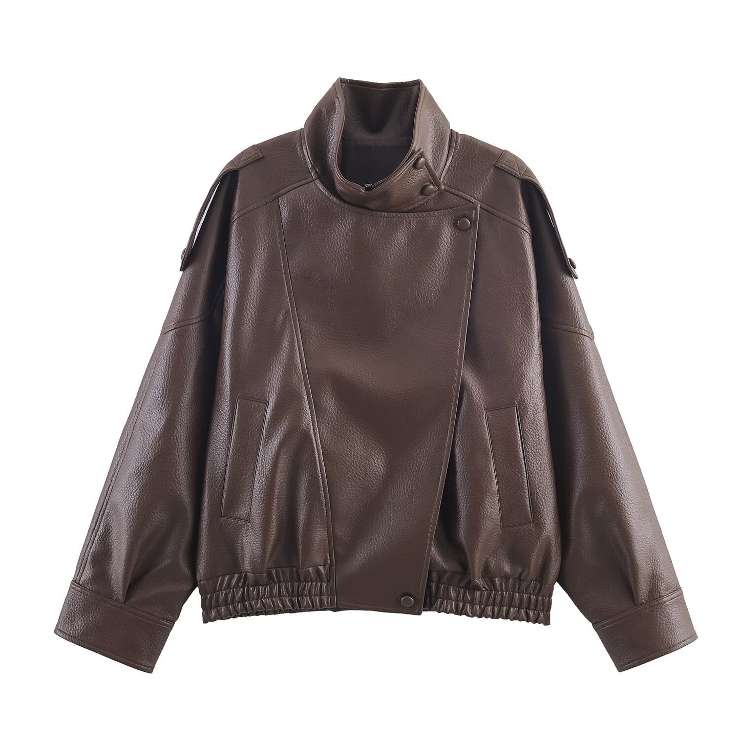 Lederjacke Damen Modern mit Kragen und Taschen Schwarz
