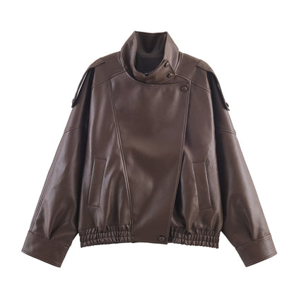 Lederjacke Damen Modern mit Kragen und Taschen Schwarz