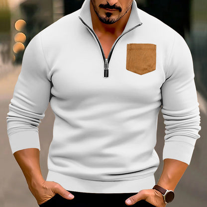 Herren Pullover Sportlich Halbzipper Kontrasttasche