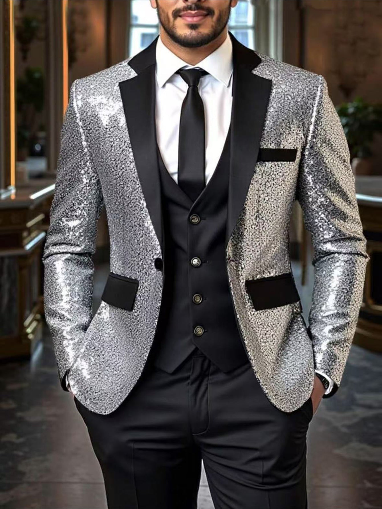 Herren Blazer Pailletten Elegant Modern Schwarzer Anzug
