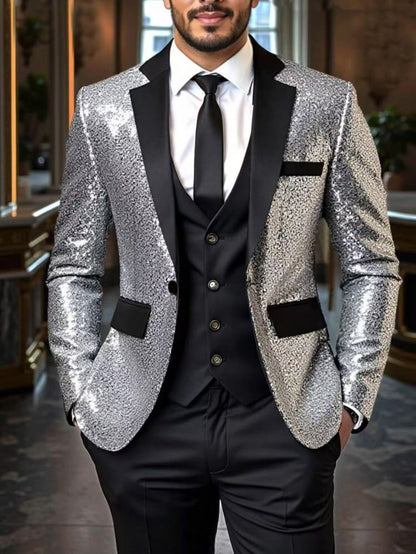 Herren Blazer Pailletten Elegant Modern Schwarzer Anzug