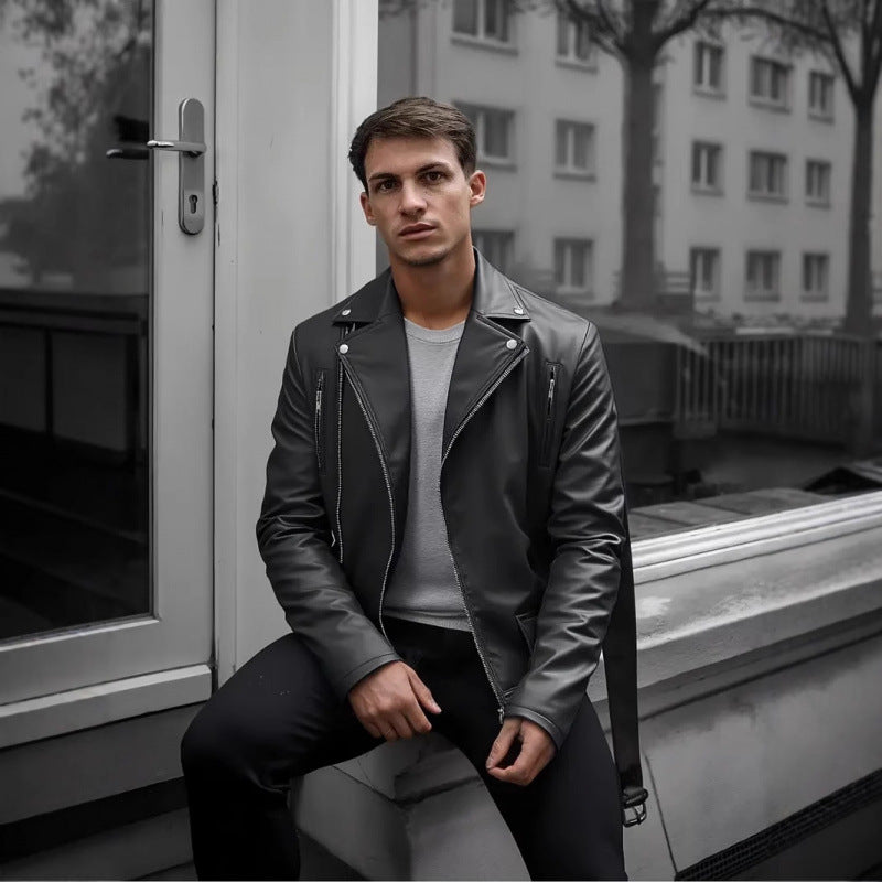 Lederjacke Herren Bikerjacke Steppnaht Schwarz