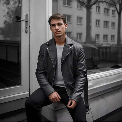 Lederjacke Herren Bikerjacke Steppnaht Schwarz