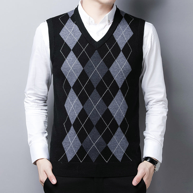 Herren Strickpullover V-Ausschnitt Rautenmuster Eleganter Pullover