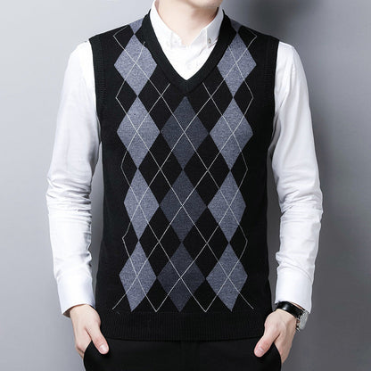 Herren Strickpullover V-Ausschnitt Rautenmuster Eleganter Pullover