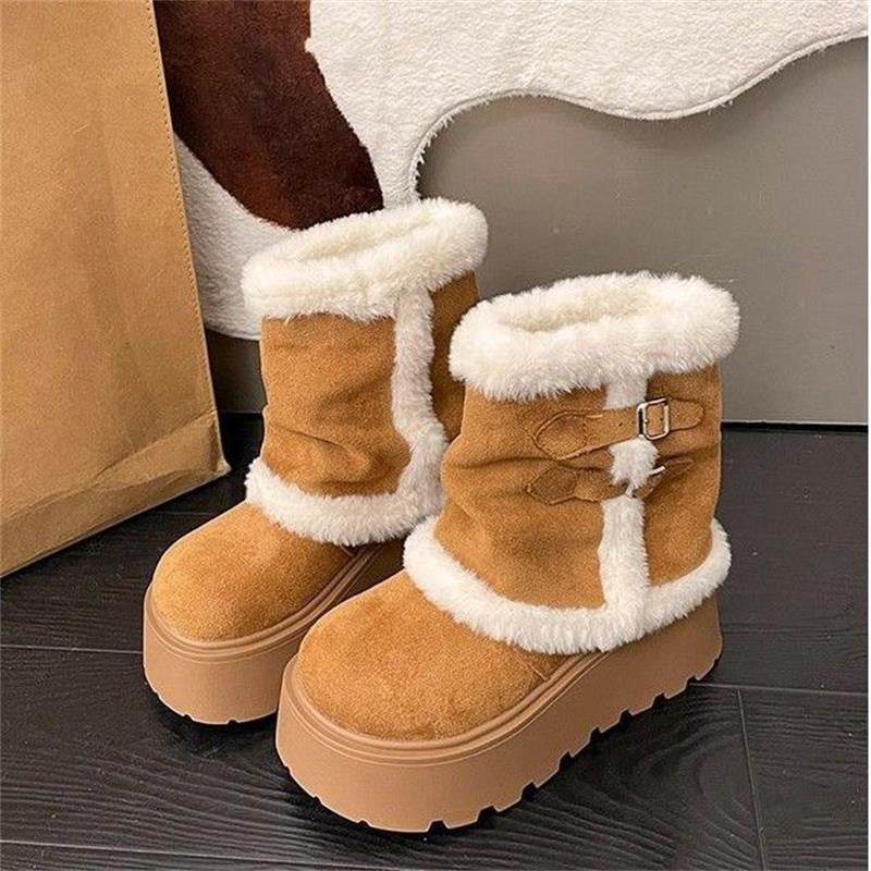Damen Stiefeletten Flauschig Warm Schnallen Detail