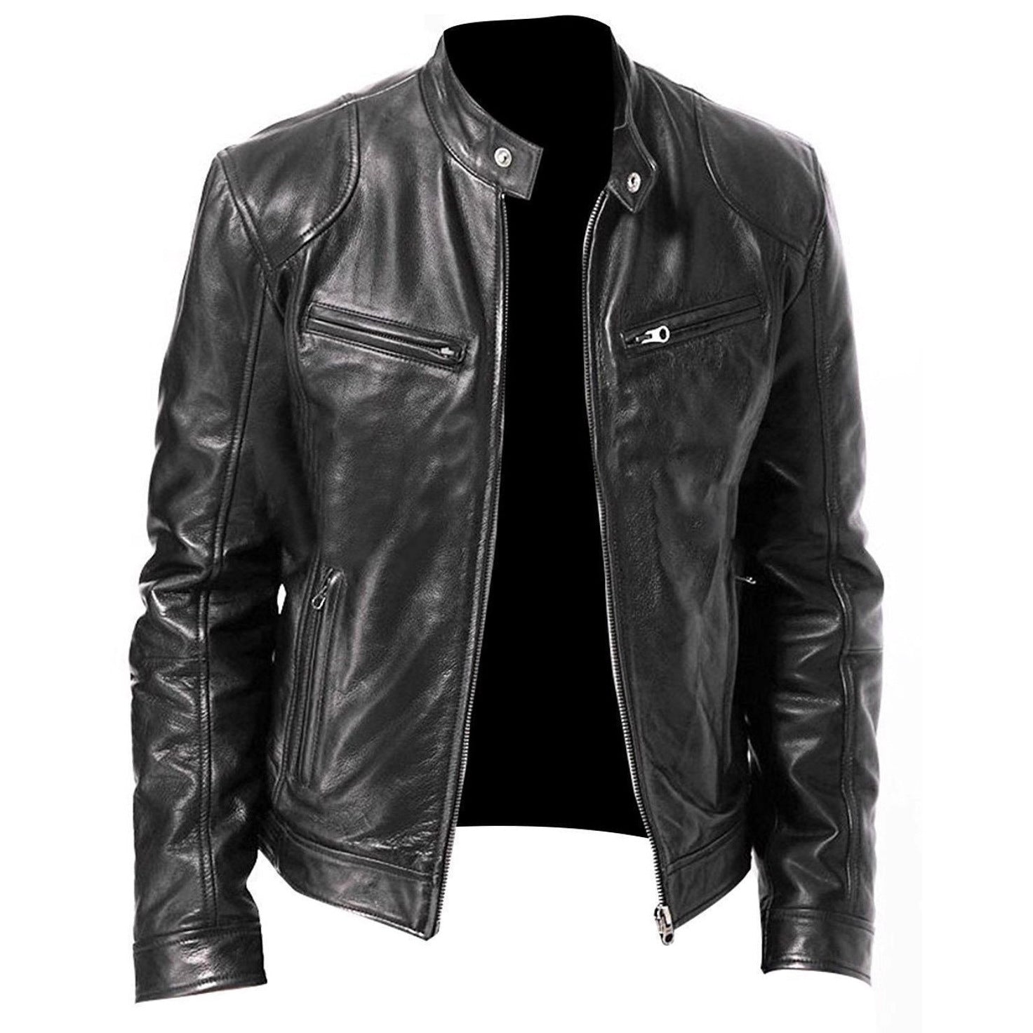 Lederjacke Herren Modern Motorradstyle Reißverschluss Taschen - BerlinGlamour