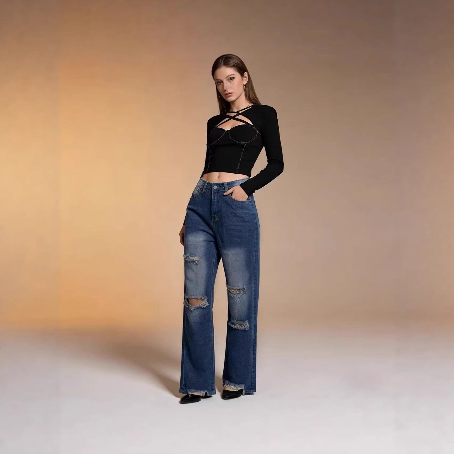Weite Damen Jeans Ripped High Waist