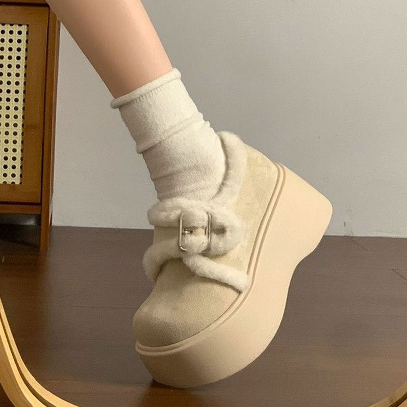 Damen Mokassins Plattform Flauschig Weich mit verstellbarem Riemen