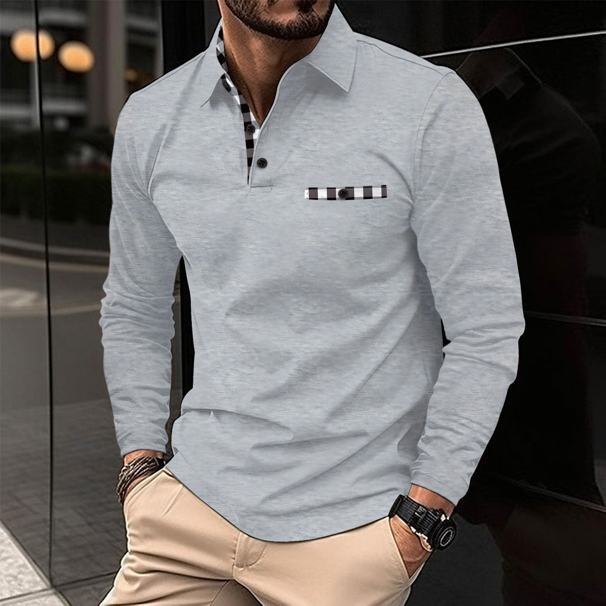 Herren Polohemd Langarm Modern Karostreifen Elegante Optik