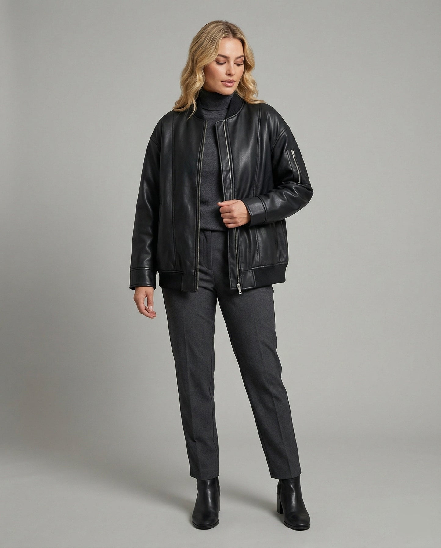 Lederjacke Damen Übergröße Kurz Stehkragen Mit Reißverschluss