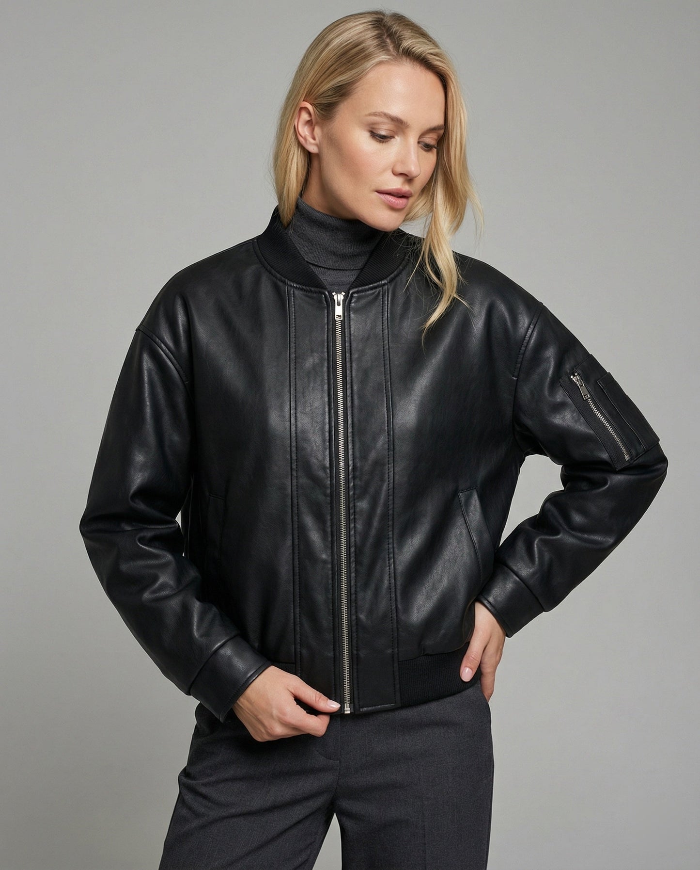 Lederjacke Damen Übergröße Kurz Stehkragen Mit Reißverschluss - BerlinGlamour