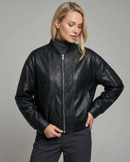 Lederjacke Damen Übergröße Kurz Stehkragen Mit Reißverschluss - BerlinGlamour