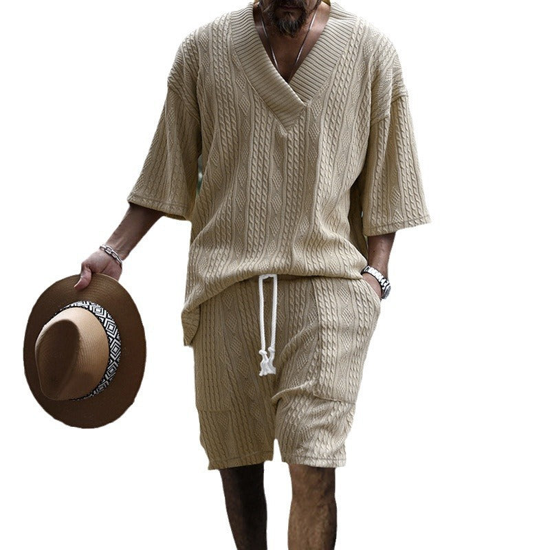 Herren T-Shirt V-Ausschnitt Lässig und Kurze Freizeithose Elastisch